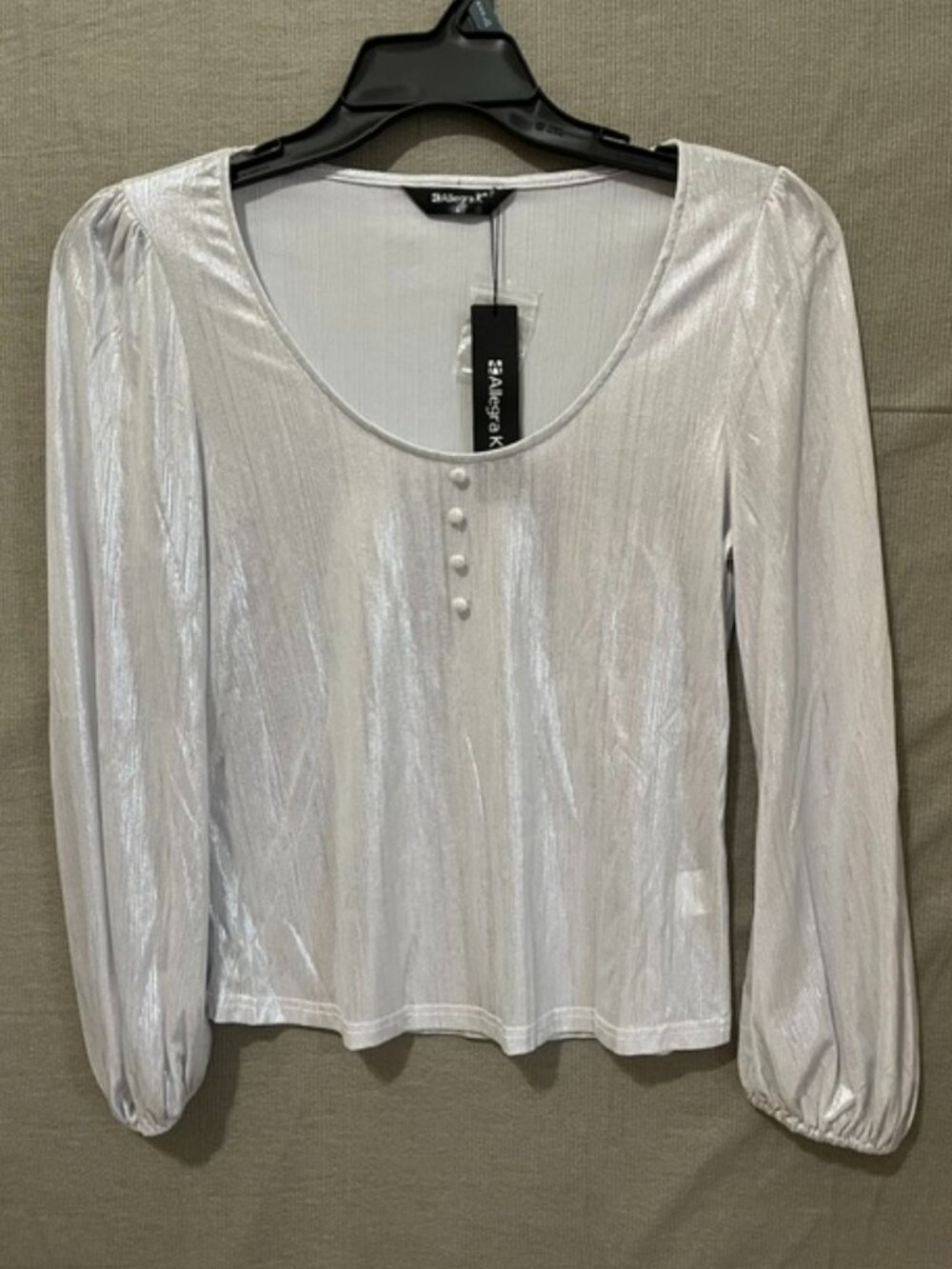 Silver Metallic Allegra K Blouse Puffed-Sleeve Sz L NWT